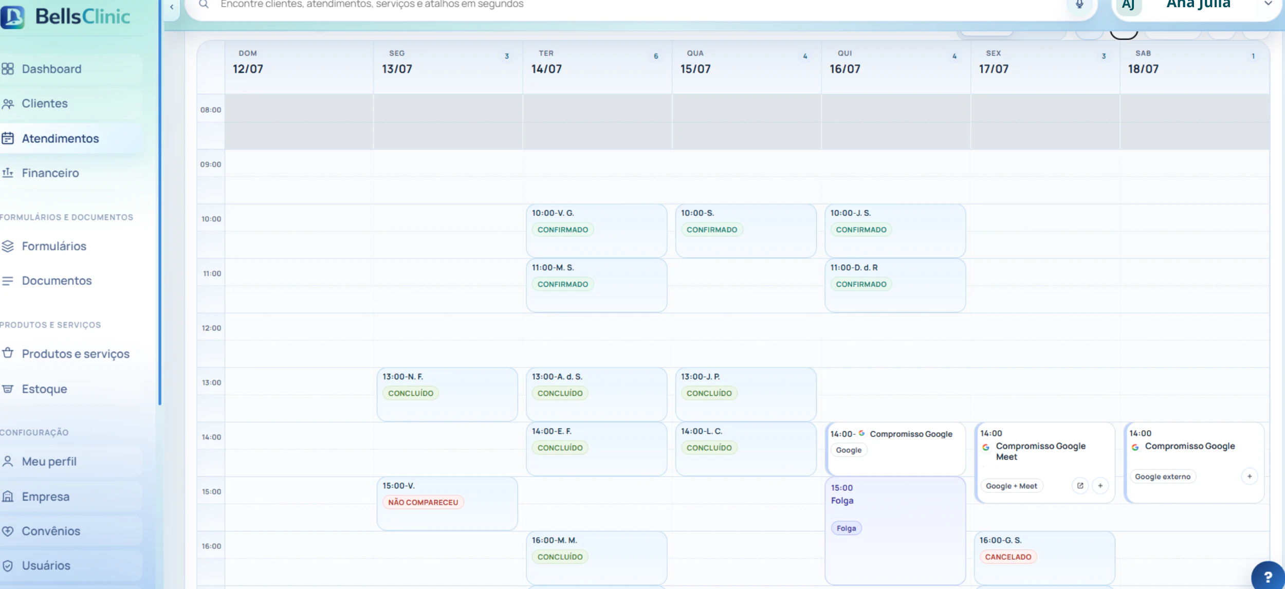 Tela real da agenda semanal da Bells Clinic com atendimentos confirmados, filtros e ações de calendário