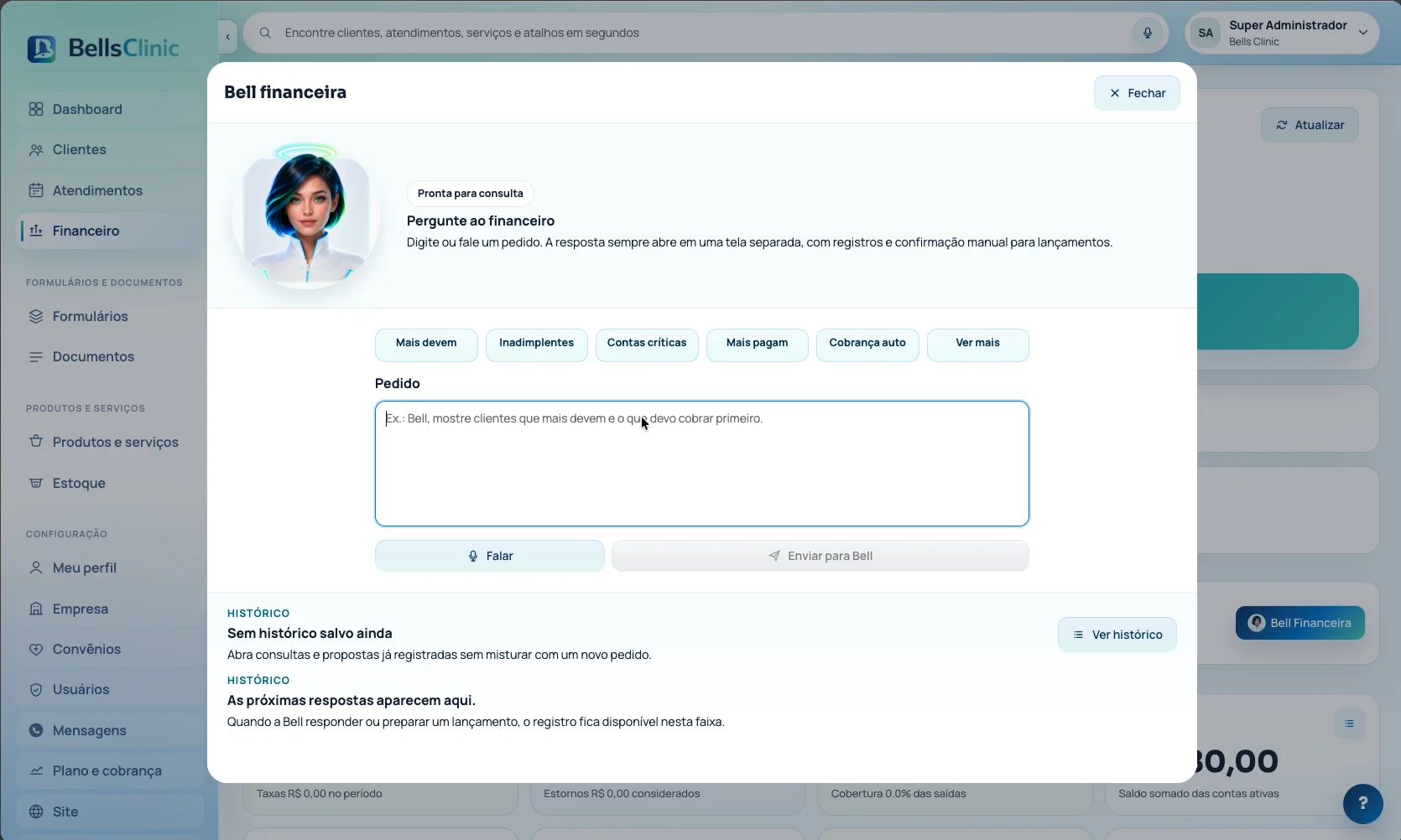 Tela real da Bell financeira aberta para consulta de inadimplentes, contas críticas e cobrança