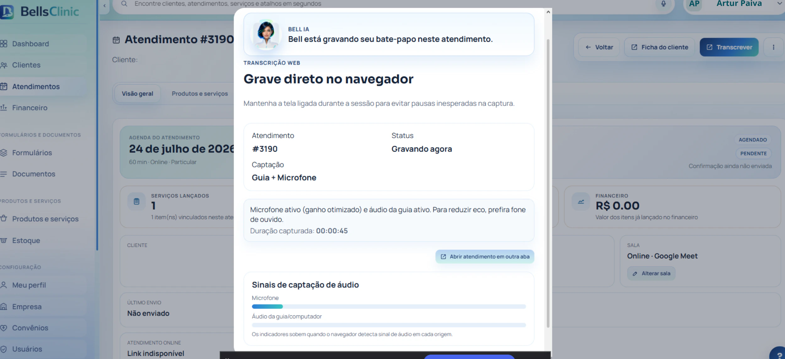 Tela real da gravação e transcrição no navegador integrada ao atendimento da Bells Clinic